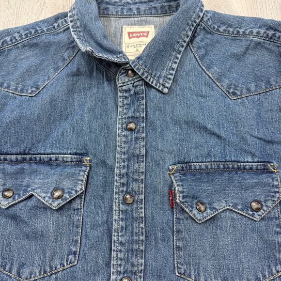 Levis Denim Shirt Mens Large Blue Snap Button Long Sleeve Western Rodeo Workwear - Picture 3 of 9